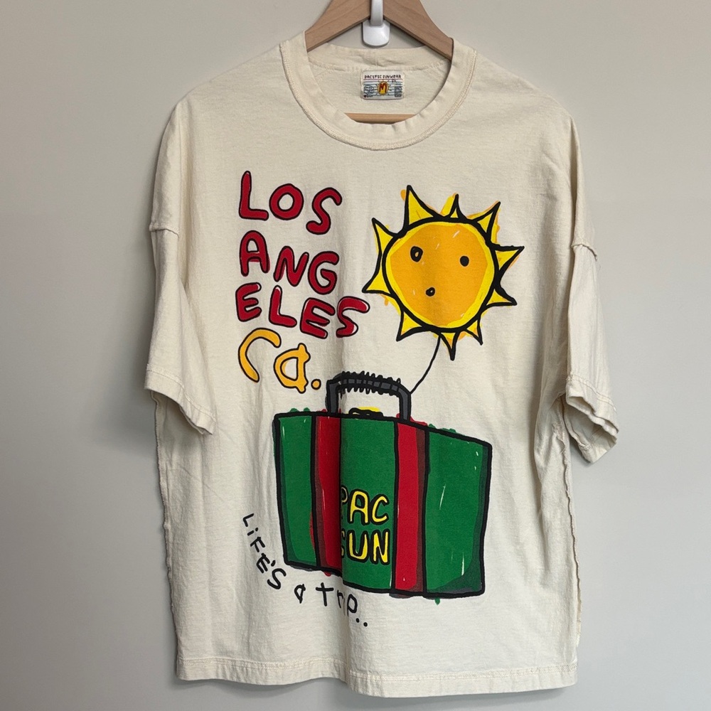 Pacific Sunwear Cream Tee with Yellow Sun & Green/Red Suitcase Graphic M Medium